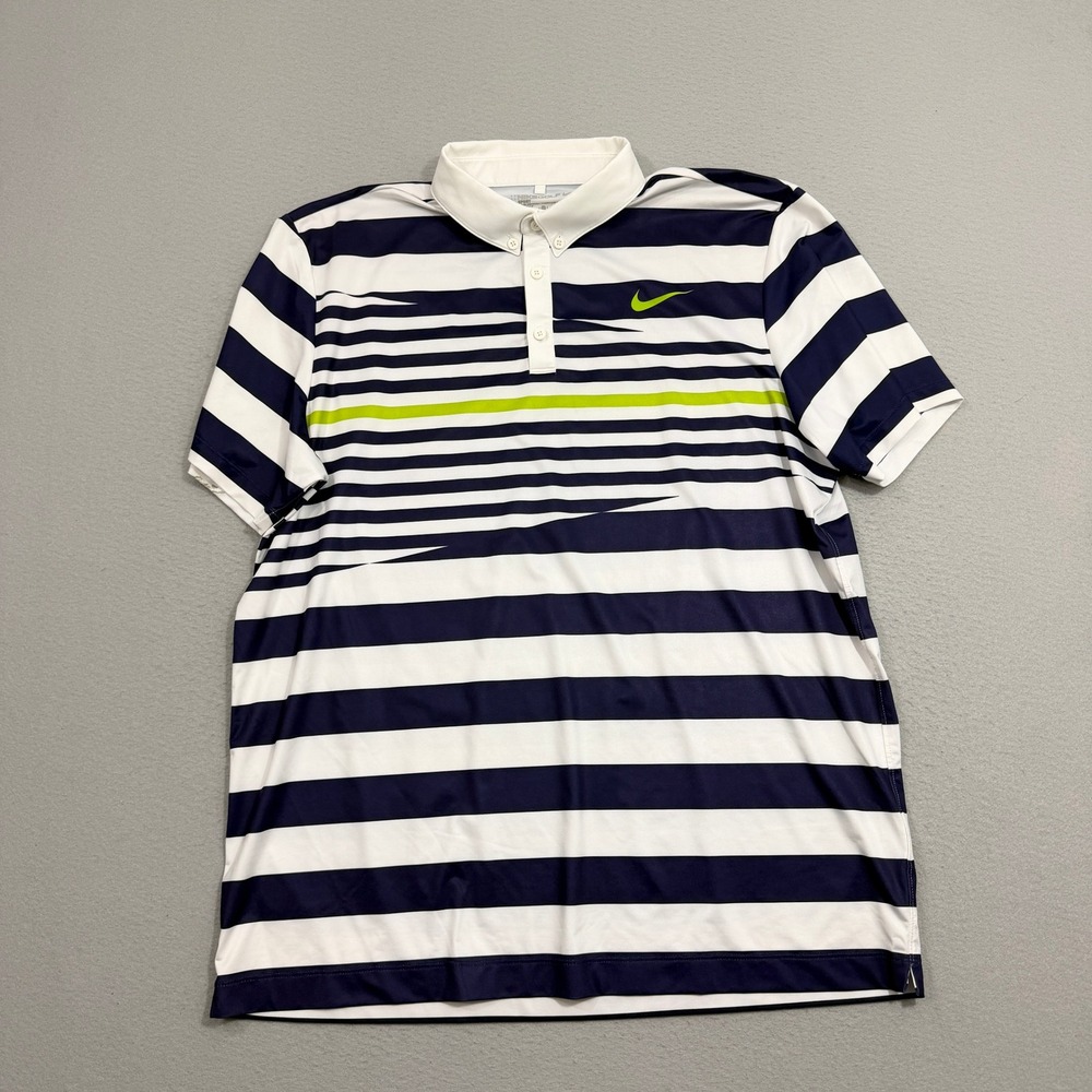 Nike Polo Shirt Men XL White Blue Striped Dri-Fit 483577-101 Short Sleeve Golf